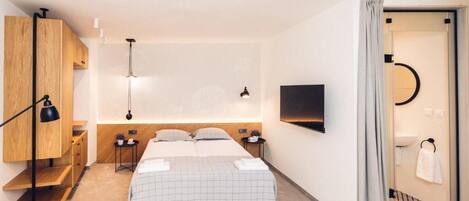 A modern hotel room with a bed, a TV, a desk, and a shower area.