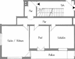 Un plan d’étage comprenant une cuisine/pièce d’eau, une salle de bain, un espace nuit, un balcon et une terrasse.