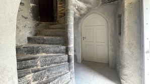A stone staircase leading to a white door in a building with textured walls.