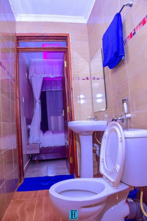 A bathroom with a toilet, sink, and shower area. - EBISA HOTEL MARSABIT (Marsabit)