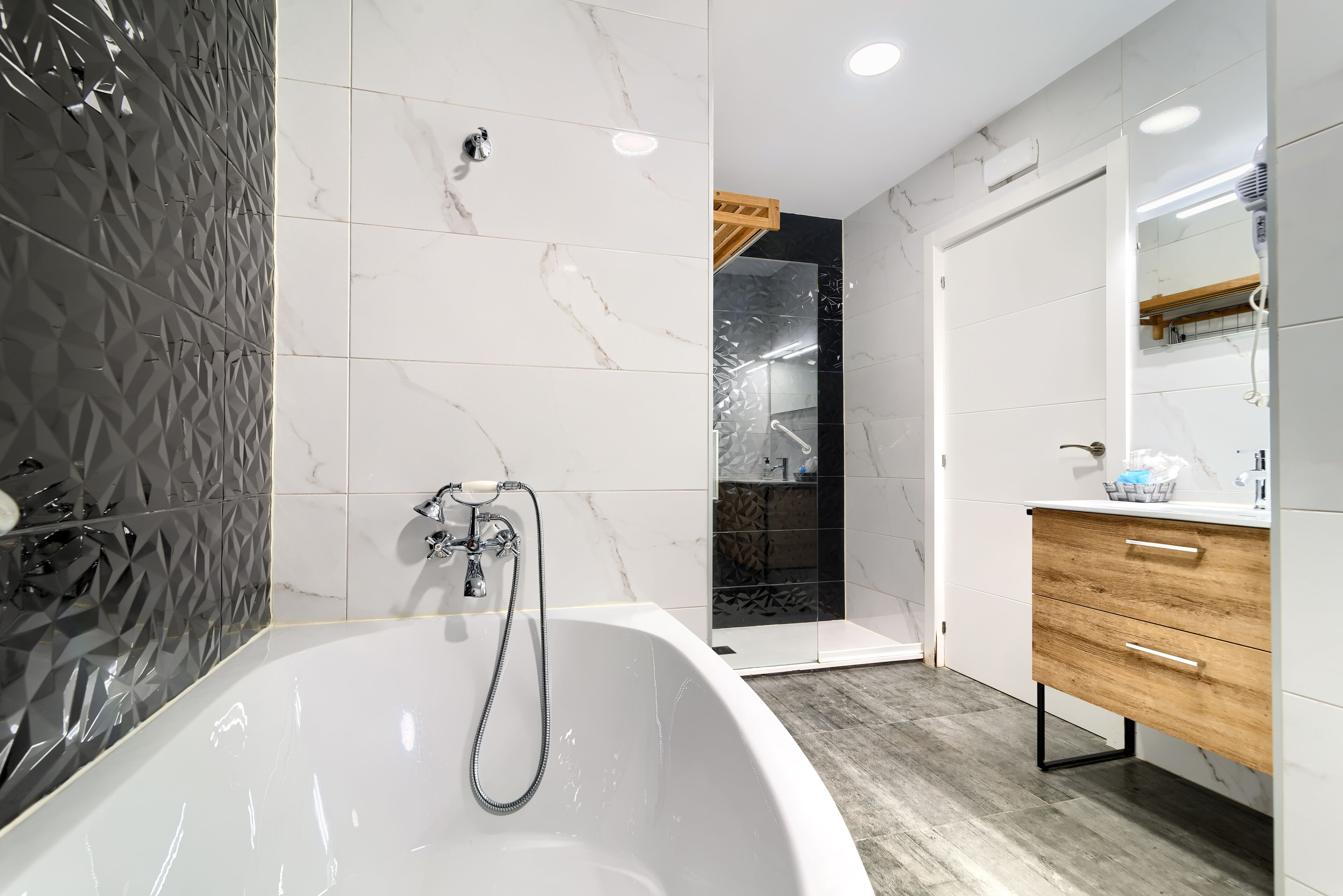 Hair dryer, towels, soap, shampoo