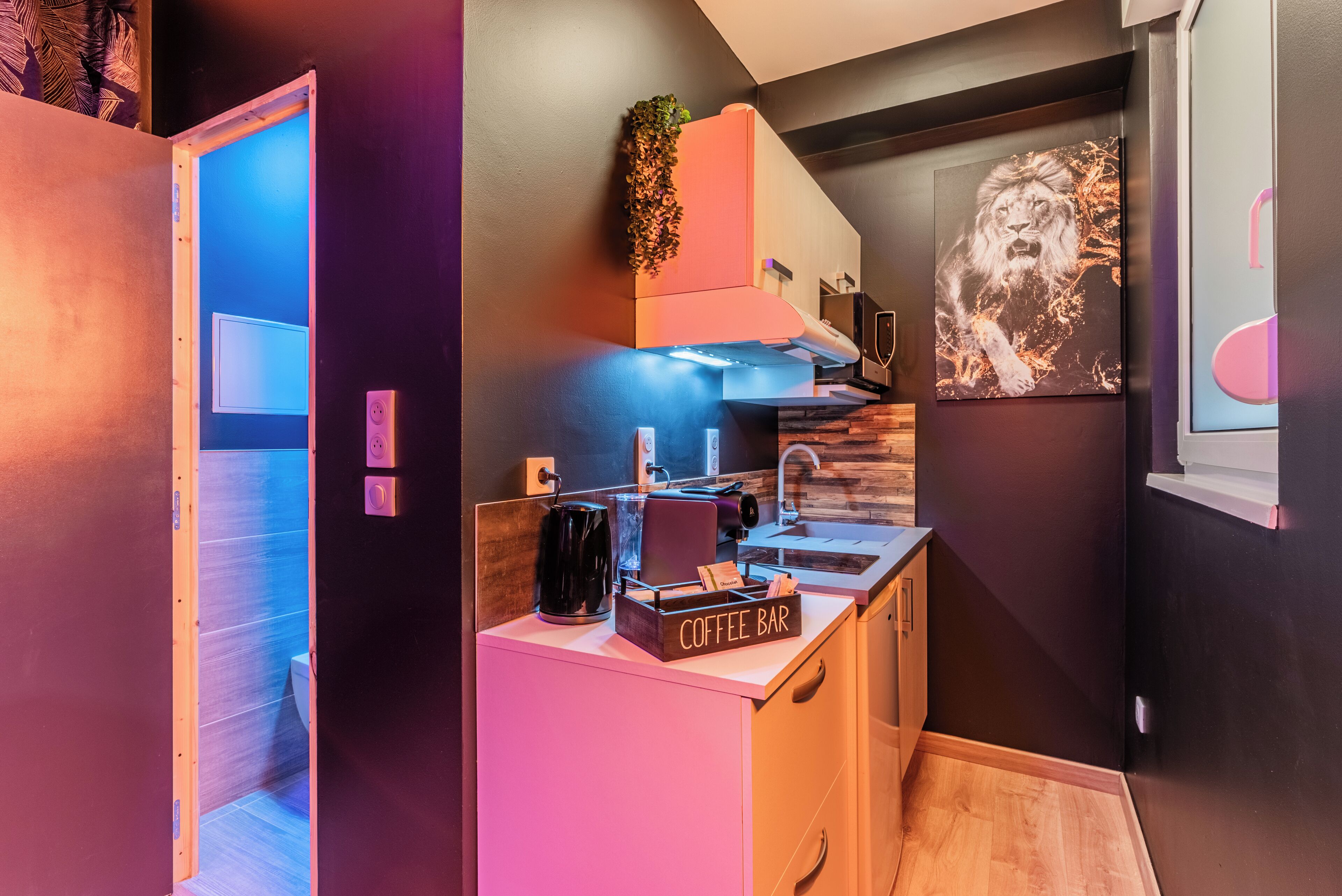 A modern kitchen with a coffee bar, a sink, and a decorative lion painting.