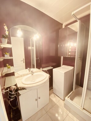 Shower, hair dryer, soap
