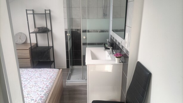 A bathroom with a shower, sink, and a mirror. - F1 Duplex Entièrement Rénové (Lamalou-les-Bains)