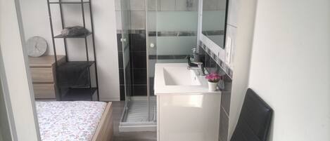 1 chambre, bureau, fer et planche à repasser, lit parapluie