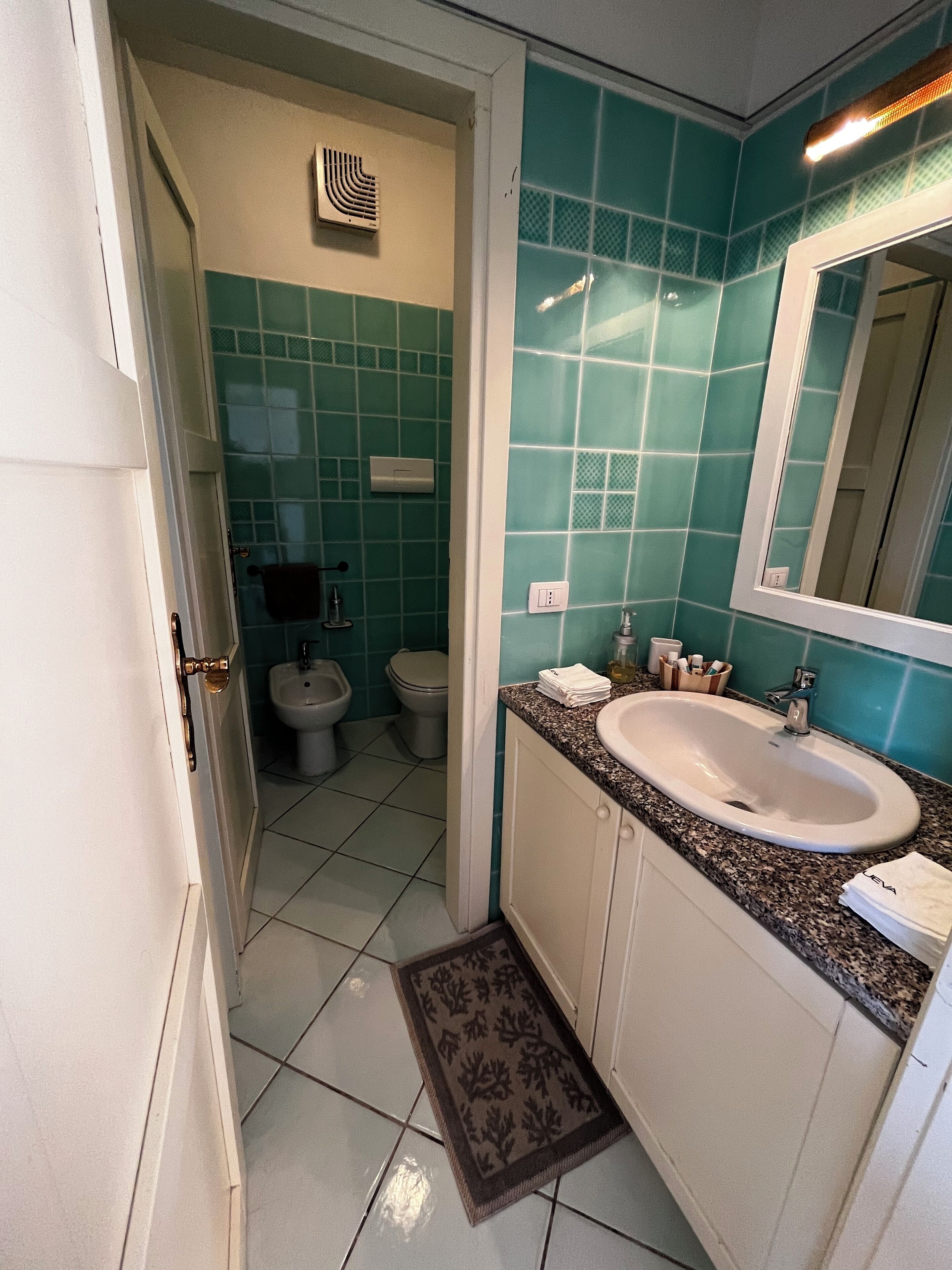 Une salle de bain équipée d’un lavabo, d’un miroir et de deux toilettes.