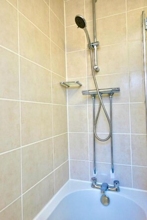 Shower, hair dryer, towels, toilet paper