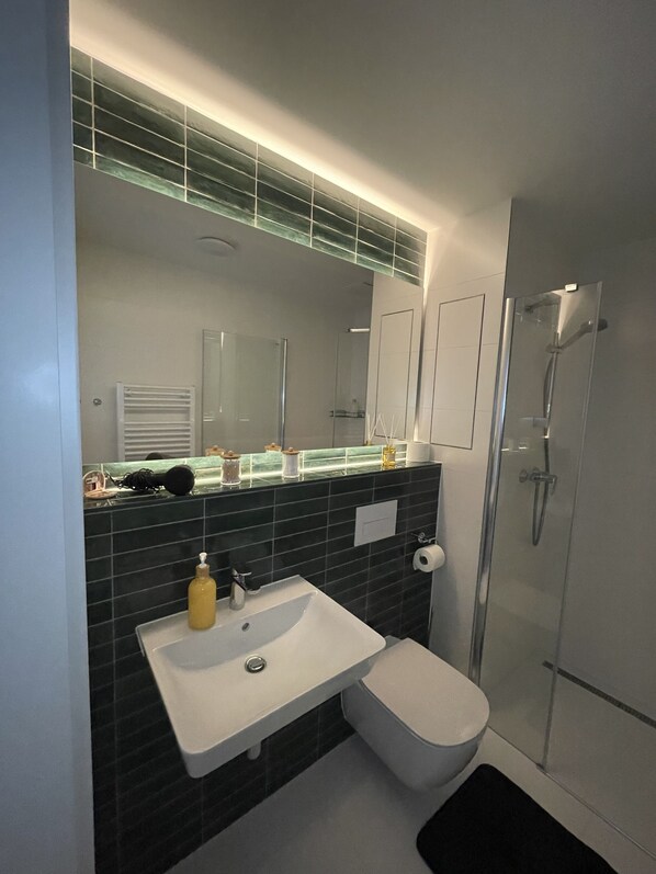Secadora de cabello, toallas, jabón, papel de baño 