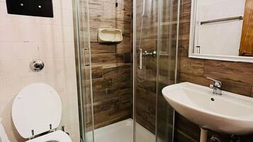 A bathroom with a glass-enclosed shower, a toilet, and a sink.