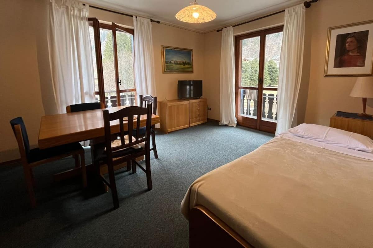 A room with a bed, a desk with a chair, a television, and a window with curtains.