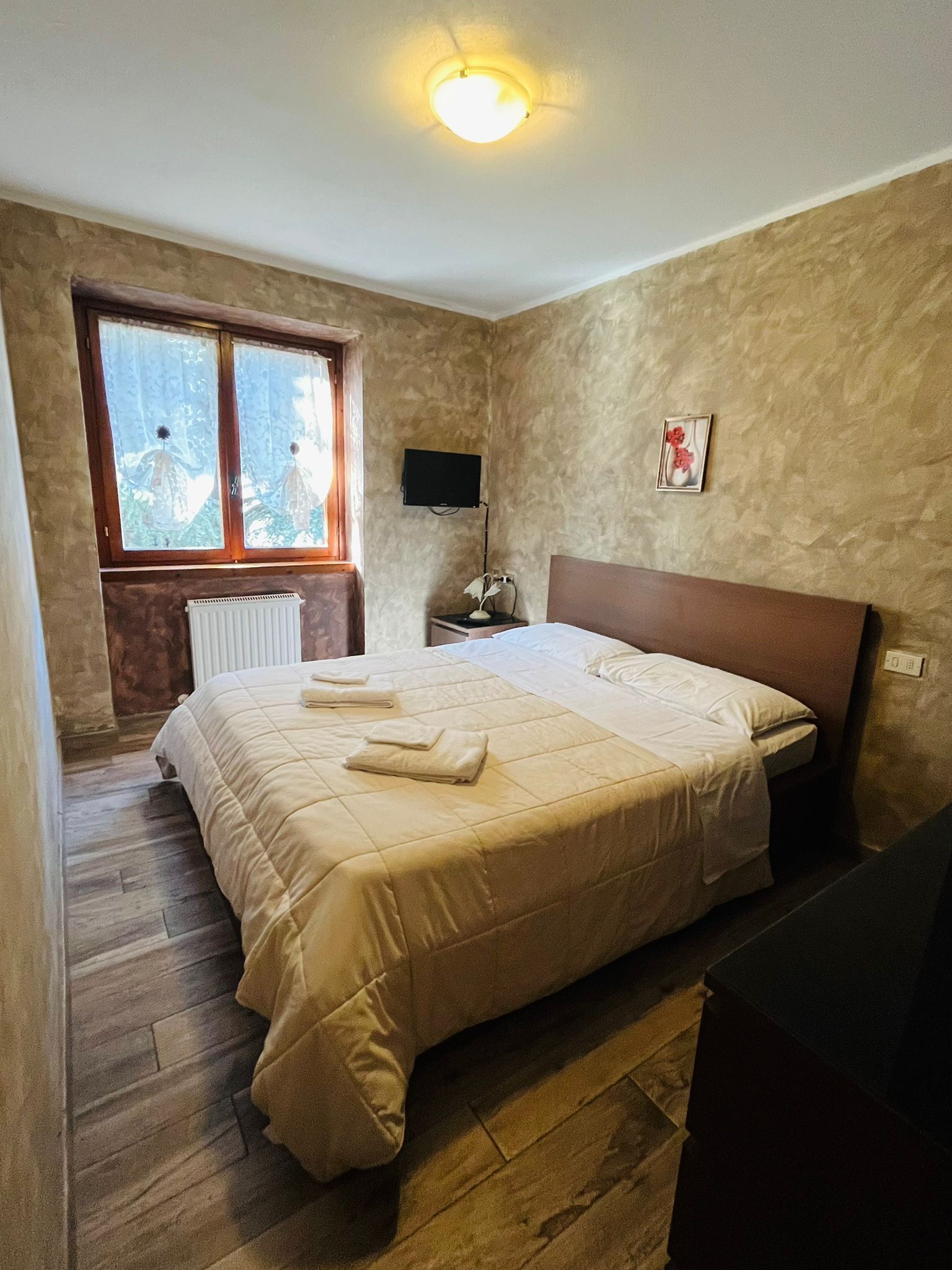 A bedroom with a large bed, a window with curtains, a radiator, a bedside table with a lamp, and a TV mounted on the wall.