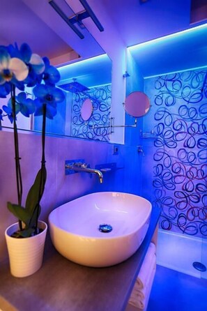 Shower, rainfall showerhead, designer toiletries, hair dryer