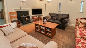 Un salon confortable avec une cheminée, un canapé, une table basse et un téléviseur.
