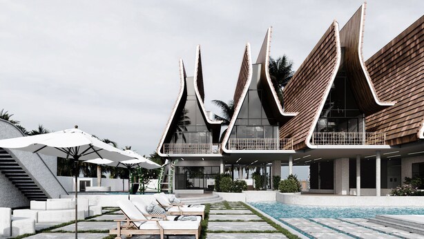 A modern hotel with a pool area, lounge chairs, and a unique architectural design.