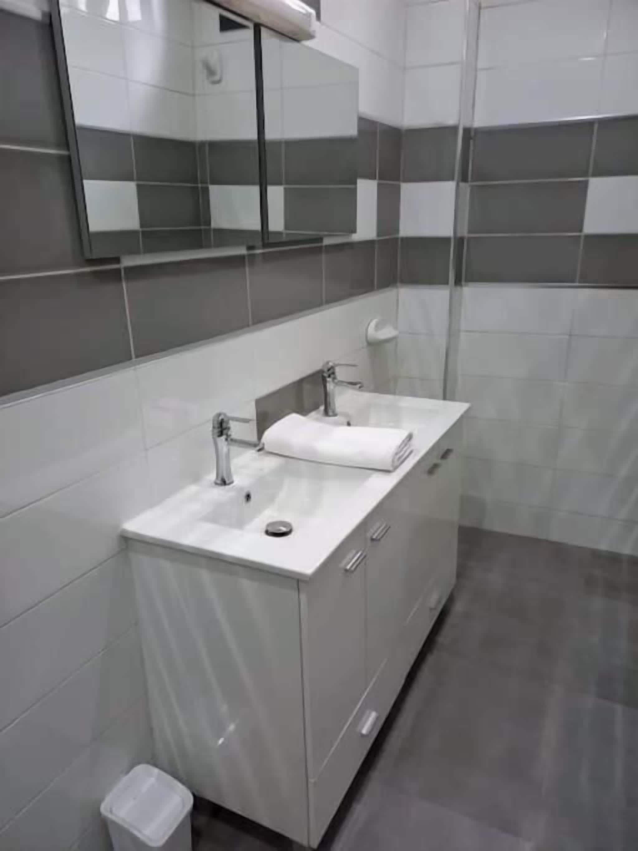 A modern bathroom with a dual sink vanity, a mirror, and a glass shower enclosure.