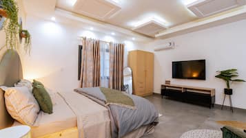 Un dormitorio moderno con cama, mesita de noche, televisor, armario y una planta en maceta.