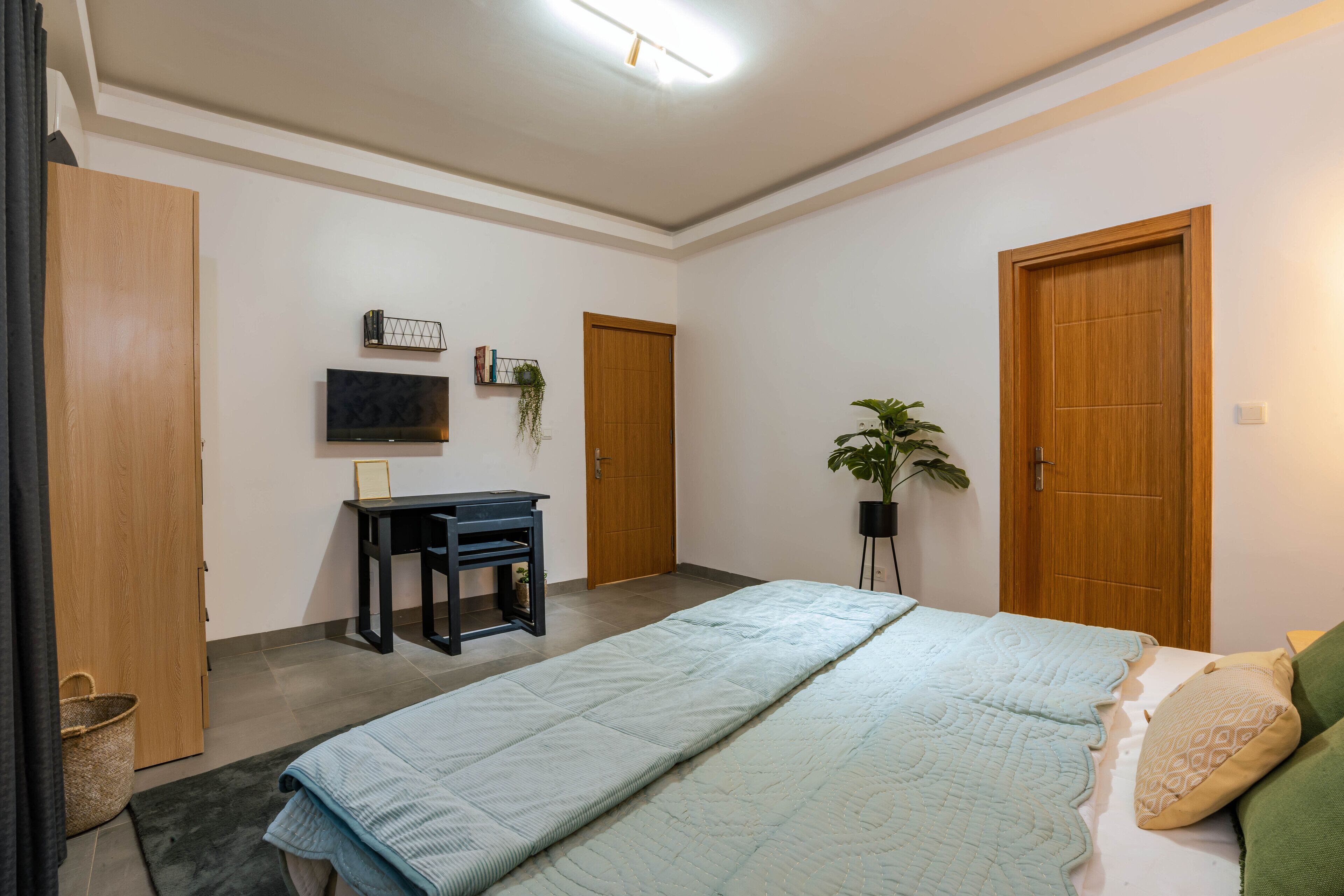 A bedroom with a bed, a desk, a TV, and a potted plant.