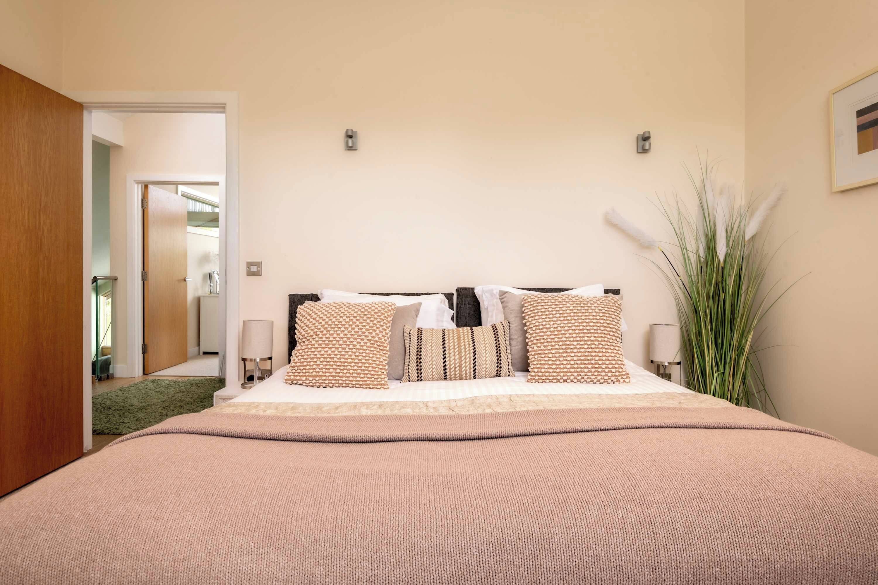 A bedroom with a large bed, a wooden door, a mirror, and a plant.