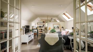 Télévision, cheminée, lecteur de DVD, espaces bureaux