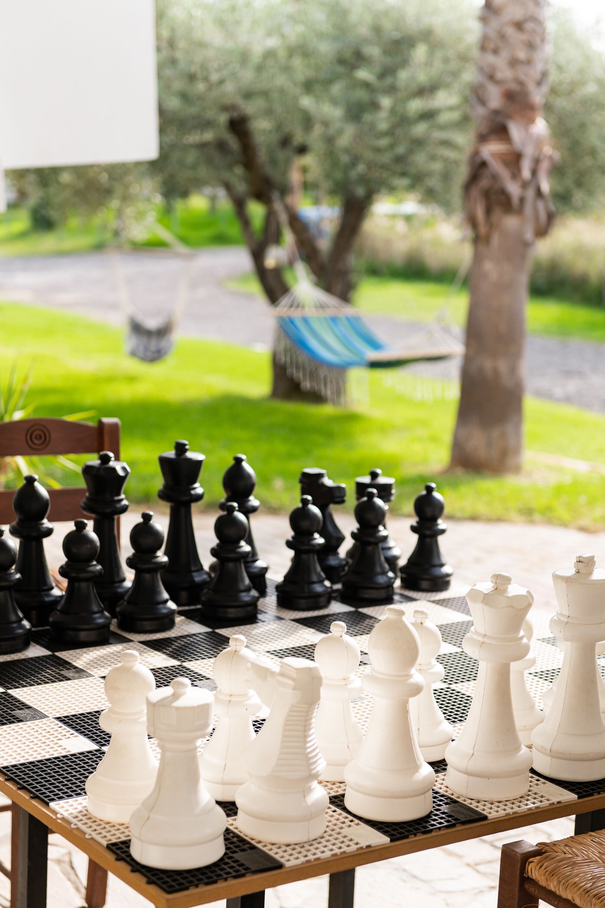 A chessboard set up outdoors with a hammock and trees in the background.