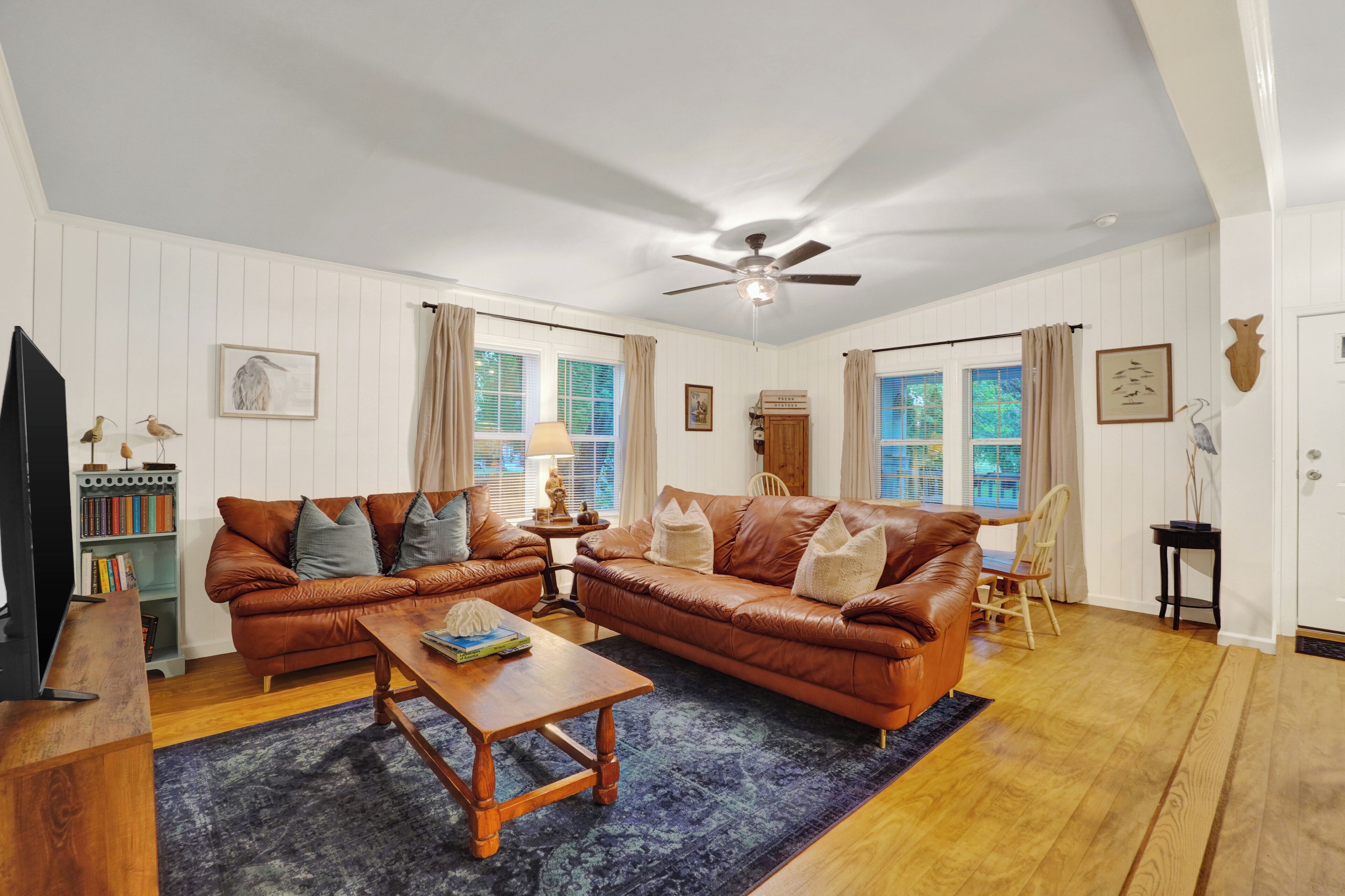 TV connectée, cheminée, livres