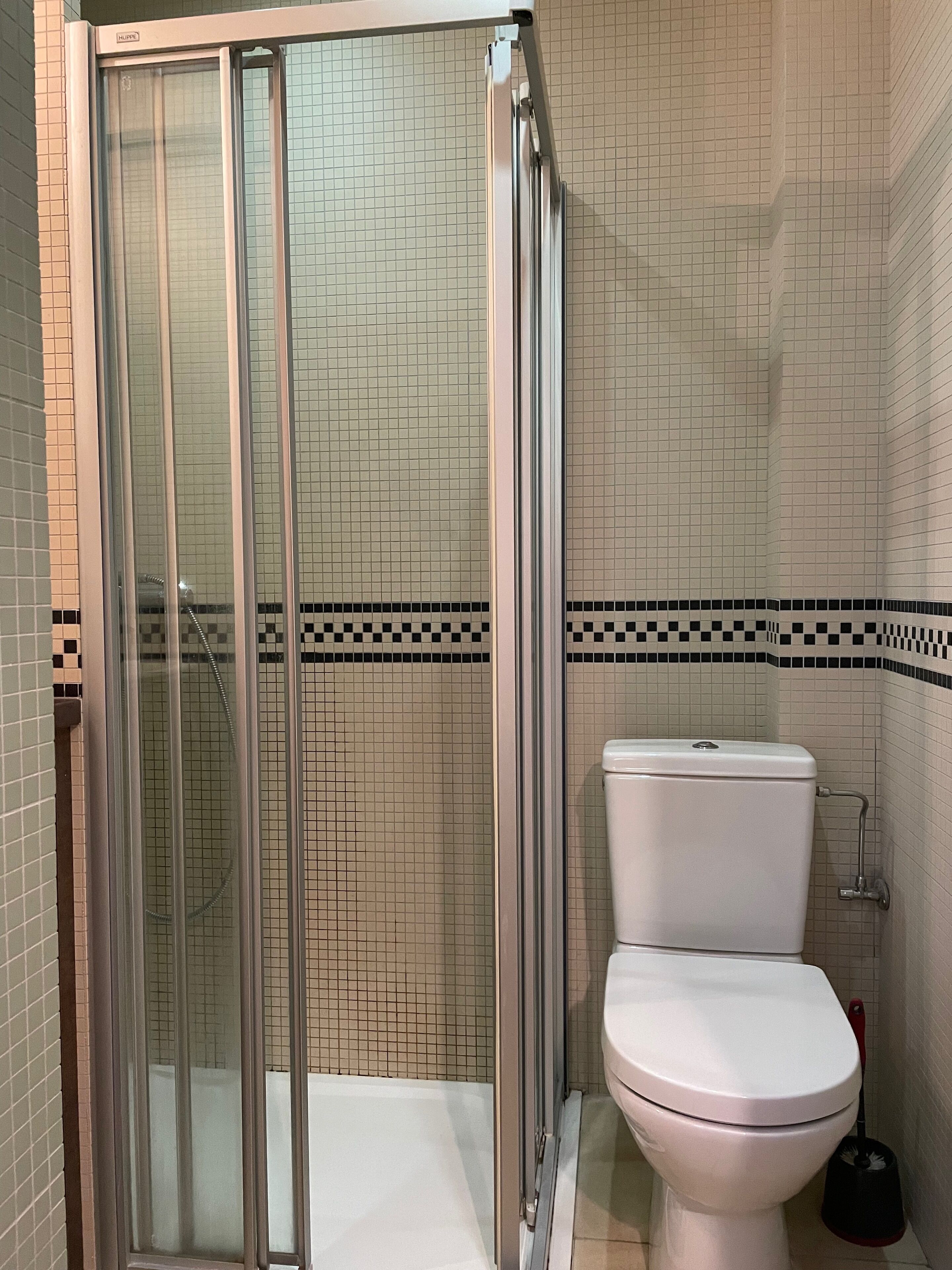 Et badeværelse med en brusekabine med glasdøre, et hvidt toilet og flisebeklædte vægge.