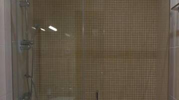 A glass-enclosed shower stall with a white toilet and a showerhead.
