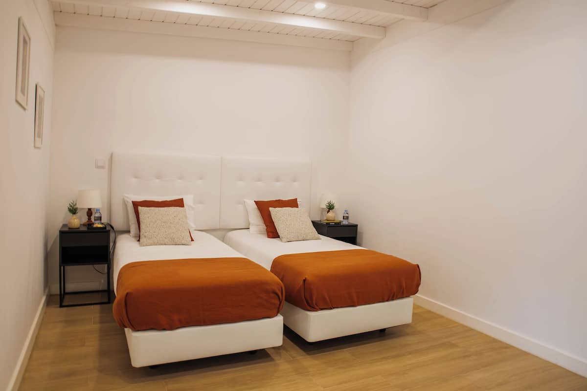 A room with two single beds, each with a matching brown headboard and footboard, white bedding, and a small nightstand with a lamp and a plant.