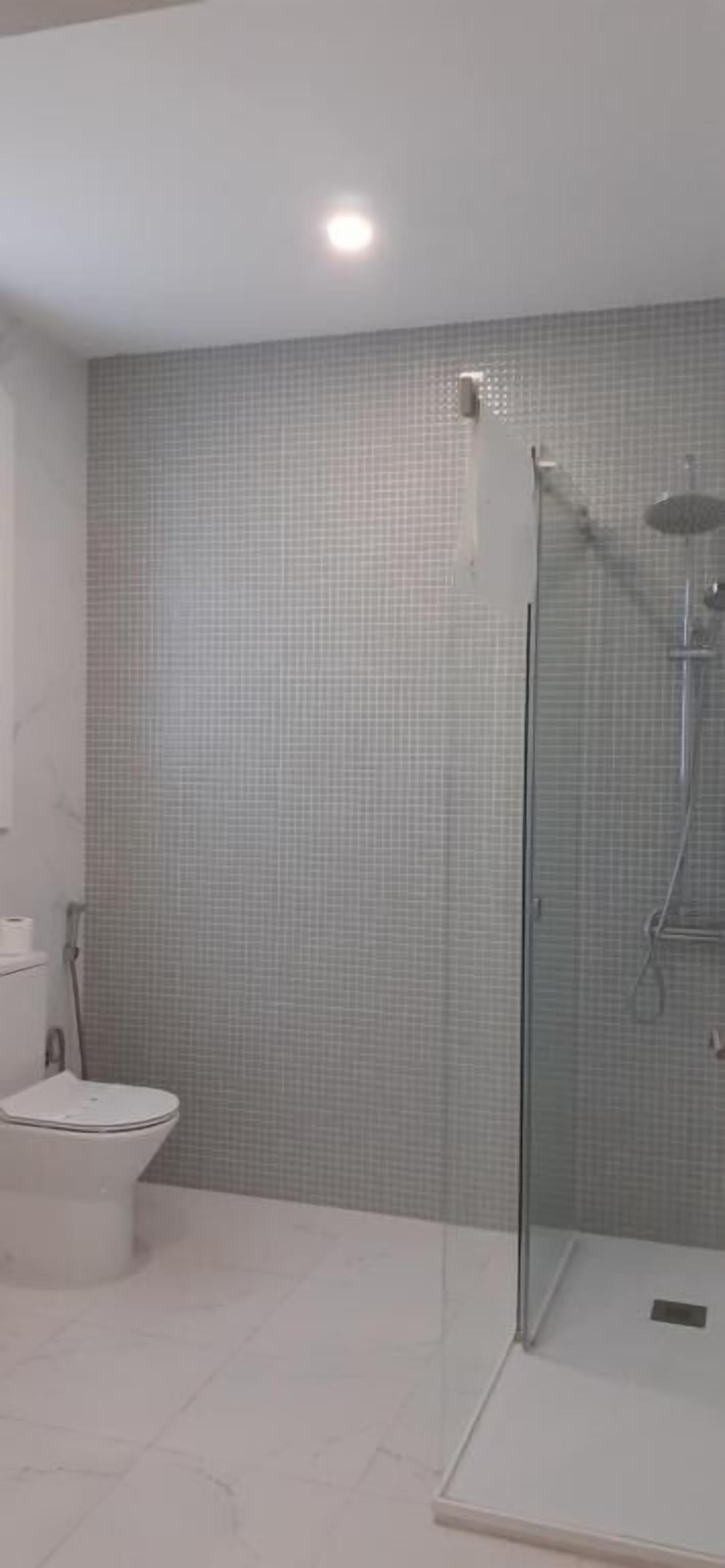 A bathroom with a glass-enclosed shower, a toilet, and a tiled wall.