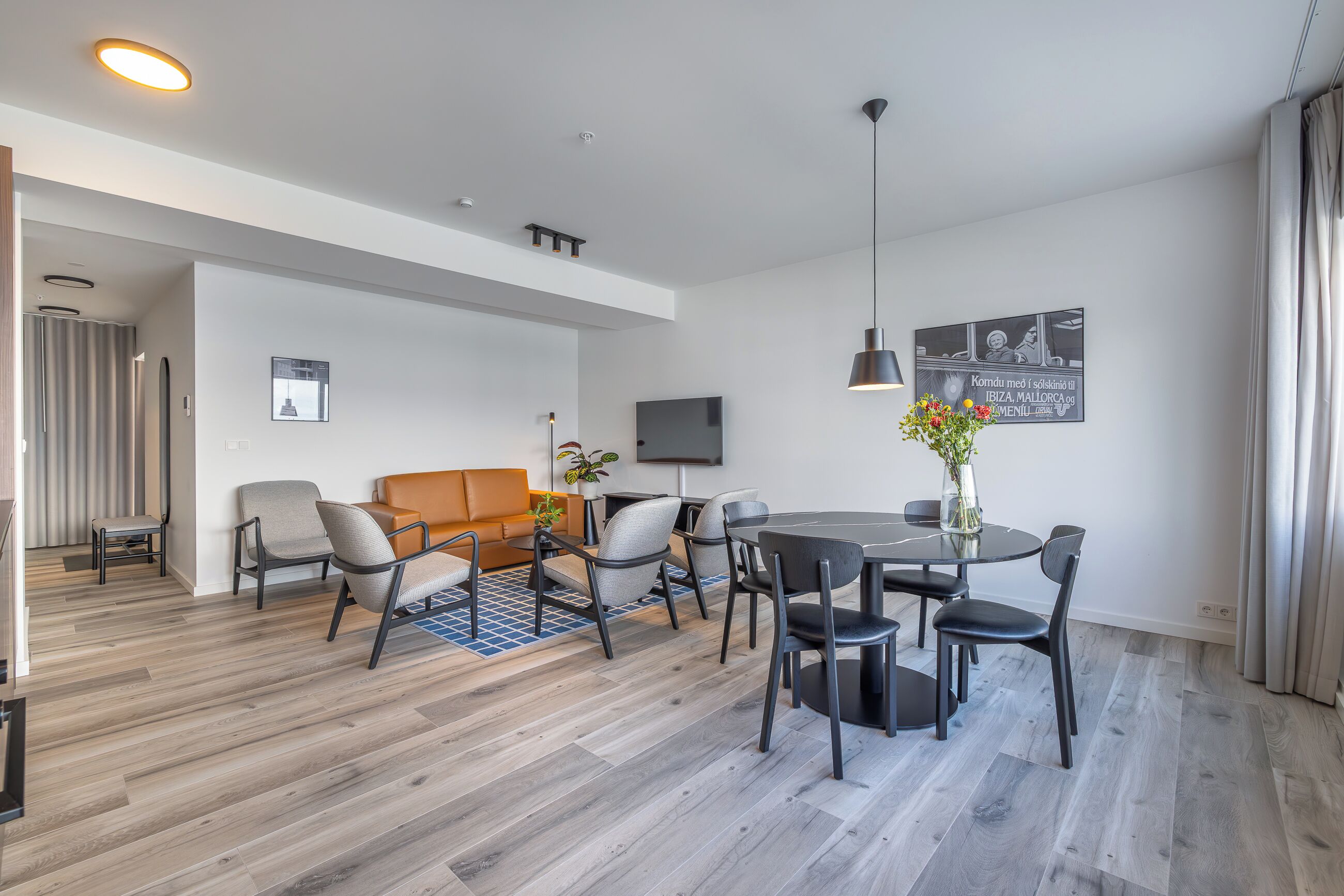 A modern living room with a sofa, chairs, a dining table, and a TV.