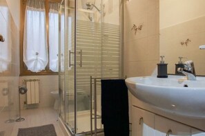 Shower, hair dryer, bidet, towels