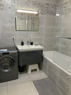 Hair dryer, towels, toilet paper