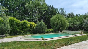 A rectangular swimming pool with a curved edge, surrounded by a stone deck and lush greenery.