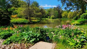 A serene park with a pond, lush greenery, and a variety of flowering plants.