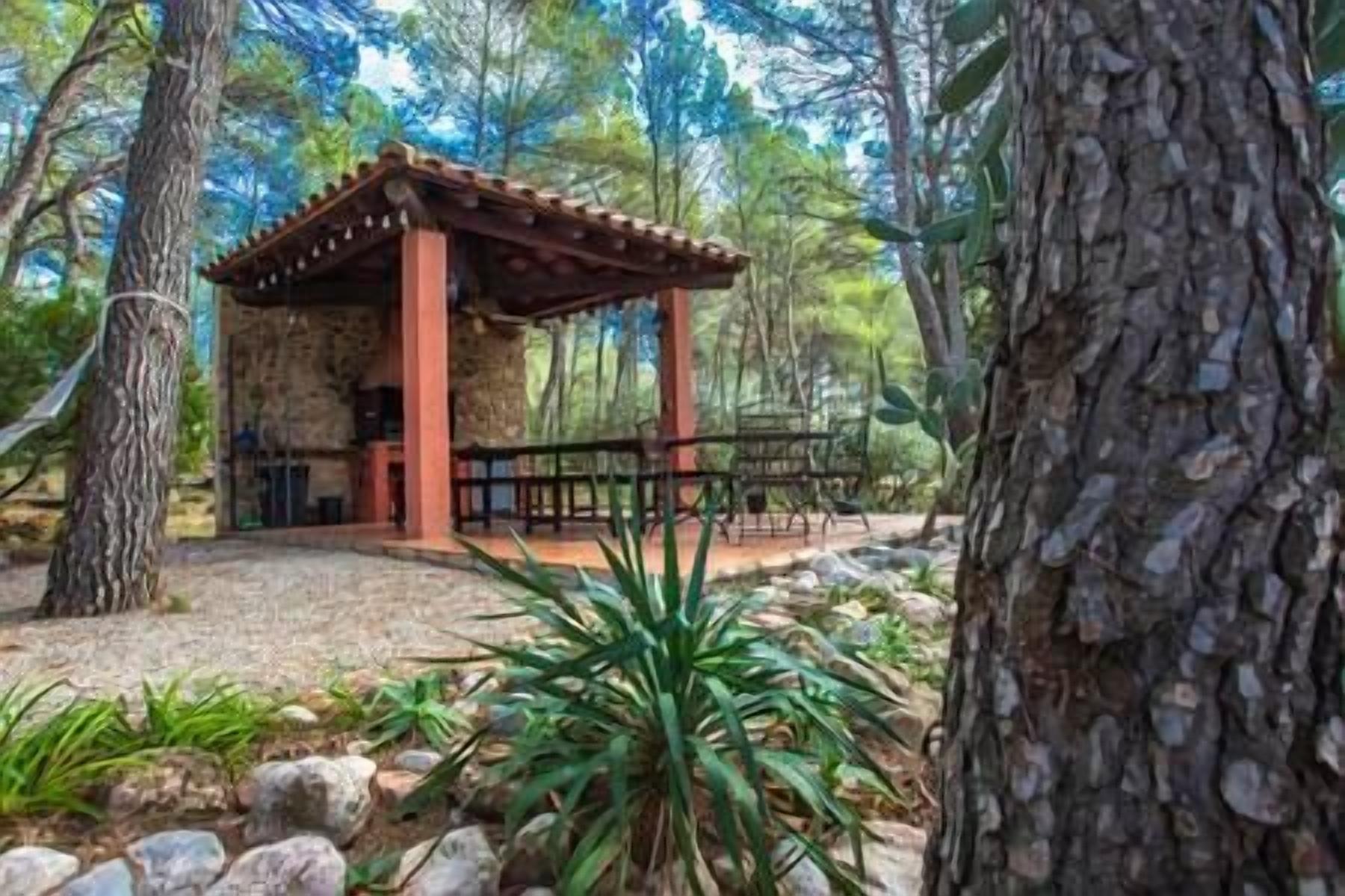 A rustic wooden pavilion with a tiled roof, surrounded by trees and rocks.