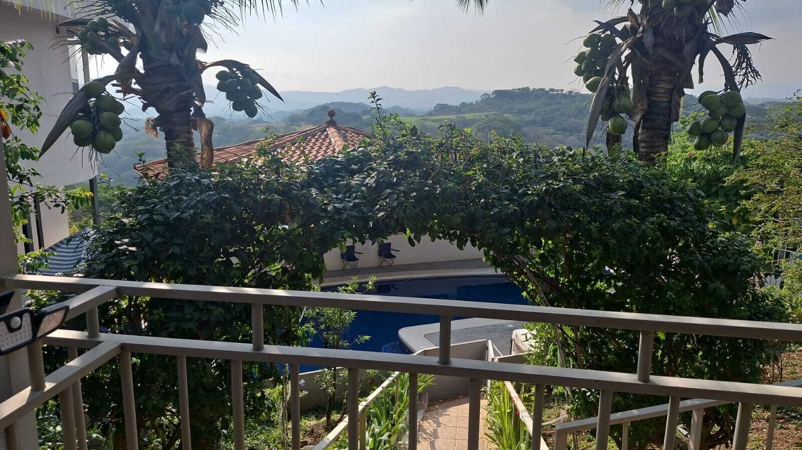 A pool with a view of a mountain range, surrounded by lush greenery and palm trees.