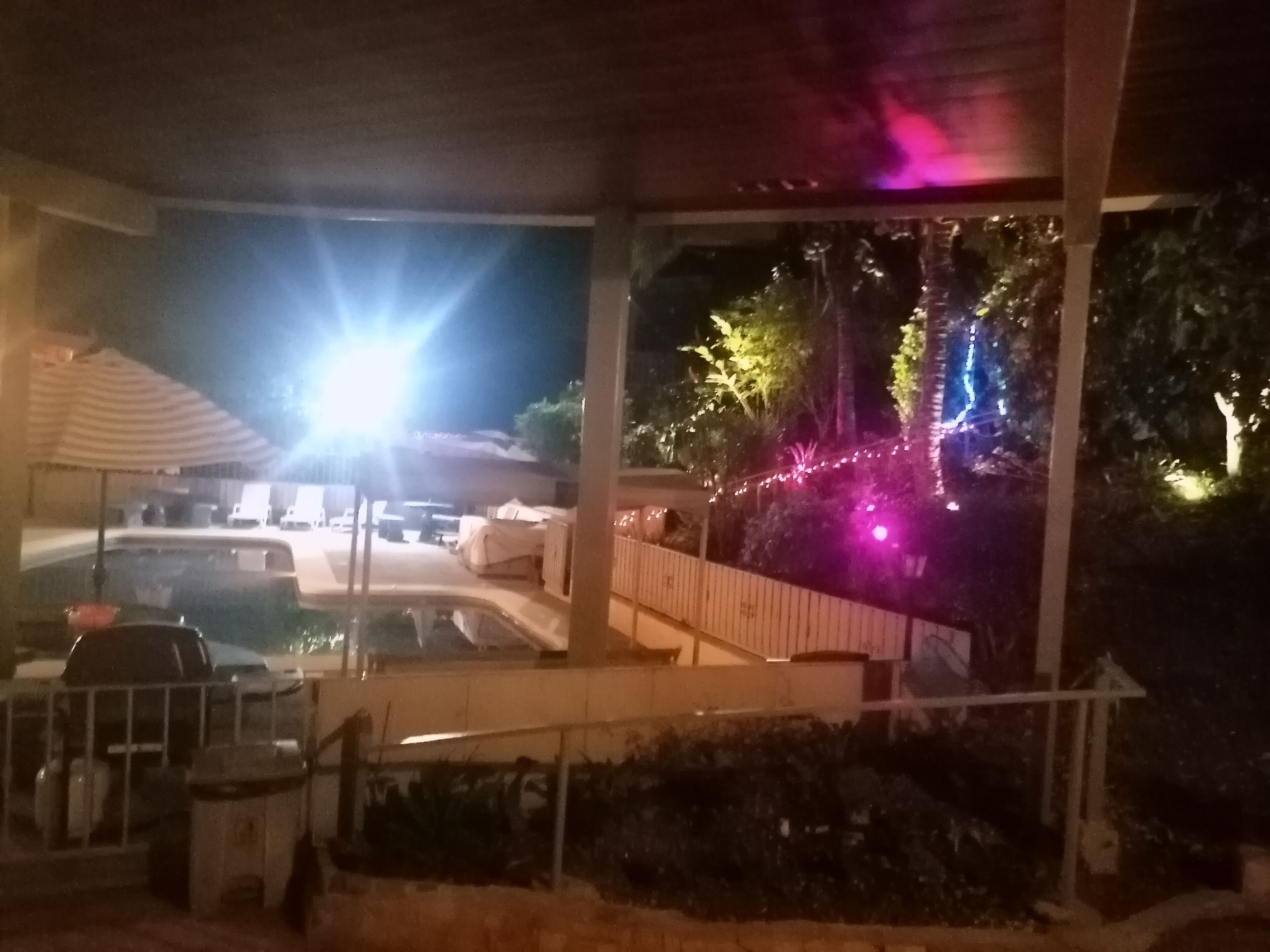 A covered outdoor area with a pool, lounge chairs, and string lights.