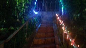 A staircase with a railing, surrounded by greenery and illuminated by string lights.