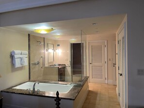 A modern bathroom with a large glass-enclosed shower, a freestanding bathtub, and a vanity with a mirror.