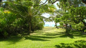 A grassy pathway flanked by dense foliage and trees, leading towards a distant view of a body of water.