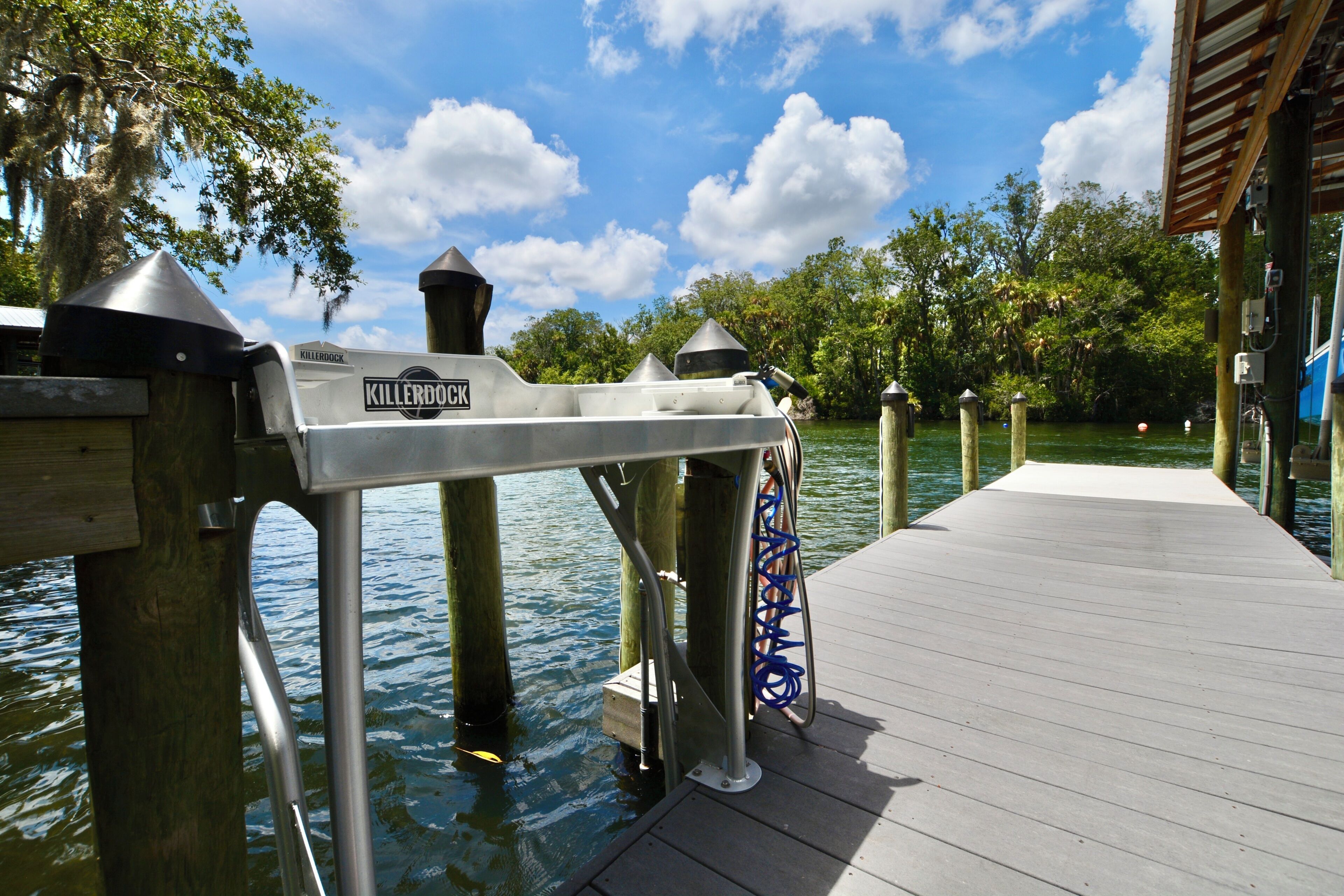 A dock with a metal railing, a wooden walkway, and a water body with trees in the background.