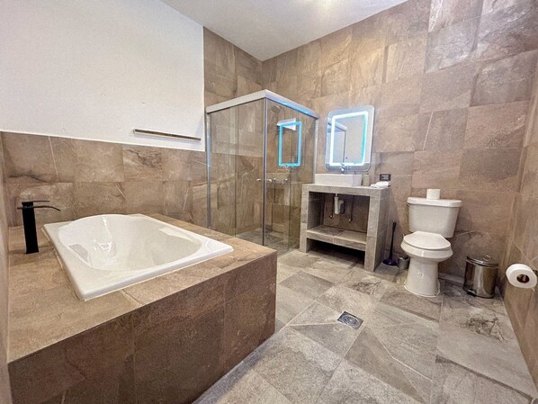 Hair dryer, towels, shampoo, toilet paper