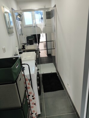 Séchoir à cheveux, serviettes fournies, papier de toilette