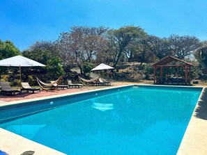 Relax by the serene pool surrounded by lounge chairs and hammocks, under a shaded gazebo and lush trees.