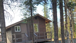Eine Holzhütte mit geneigtem Dach, einer Veranda und einer kleinen Terrassenfläche.