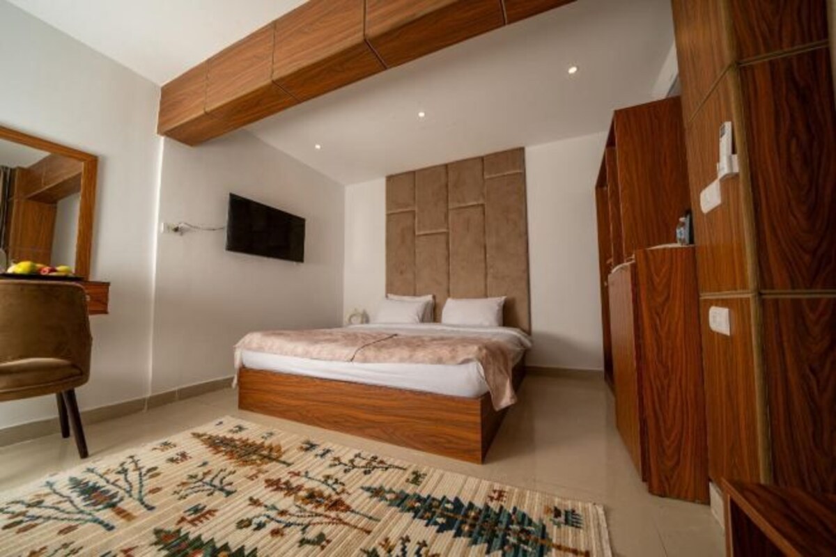 Un dormitorio con una cama de madera, un televisor de pantalla plana, un armario y una alfombra estampada.