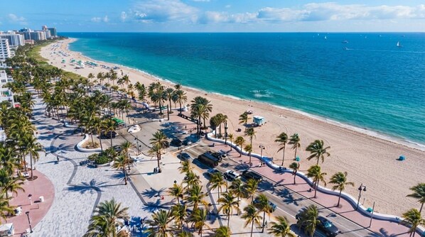 Une zone côtière avec une plage, des palmiers et une route menant à la plage.