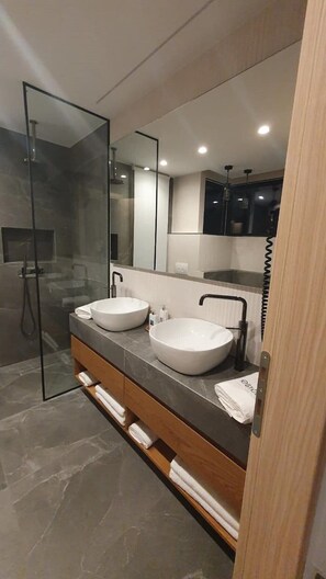 Hair dryer, towels, soap, toilet paper