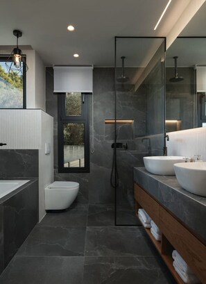 Hair dryer, towels, soap, toilet paper