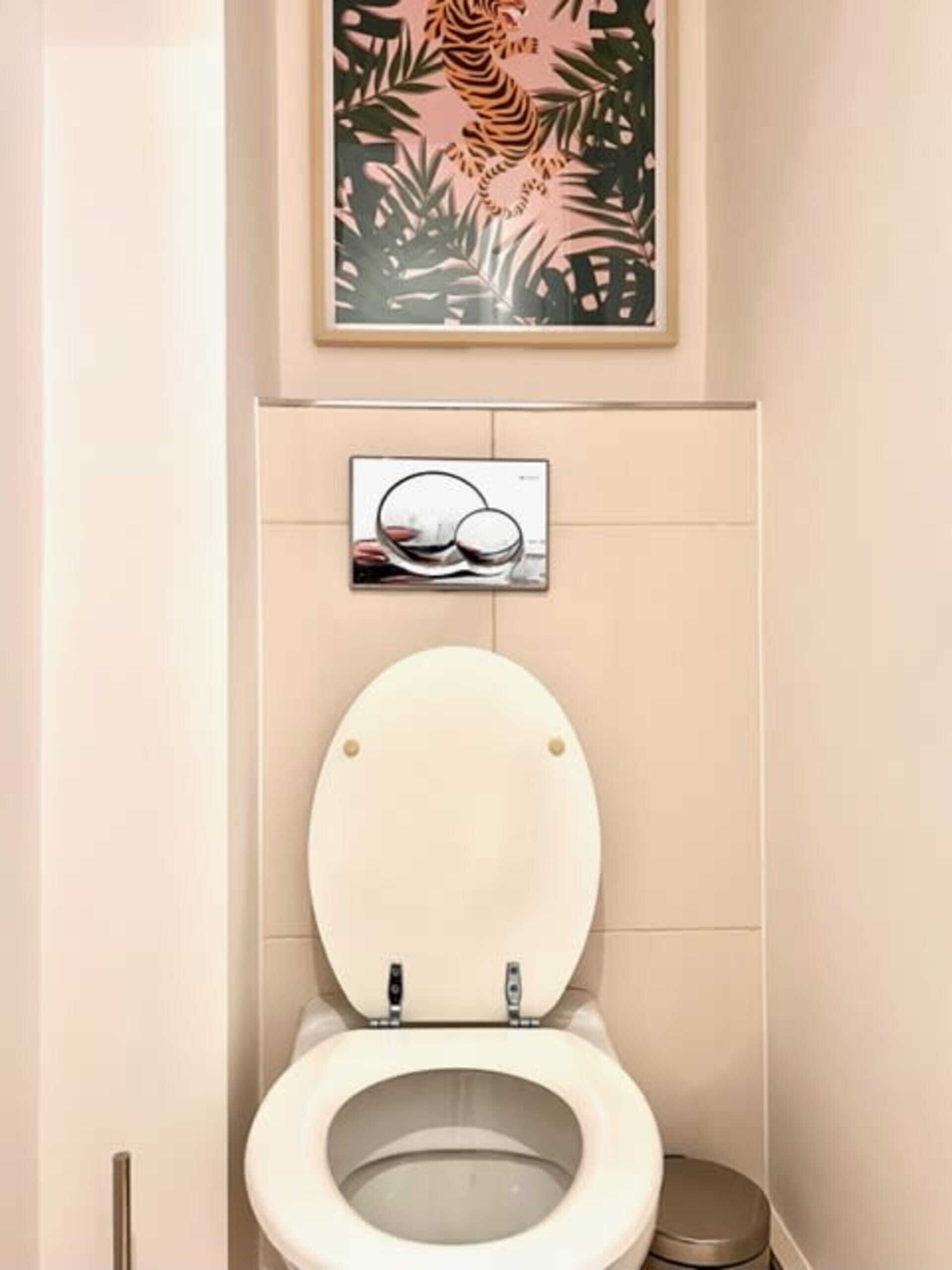 A bathroom with a toilet, a small trash bin, and a framed picture on the wall.